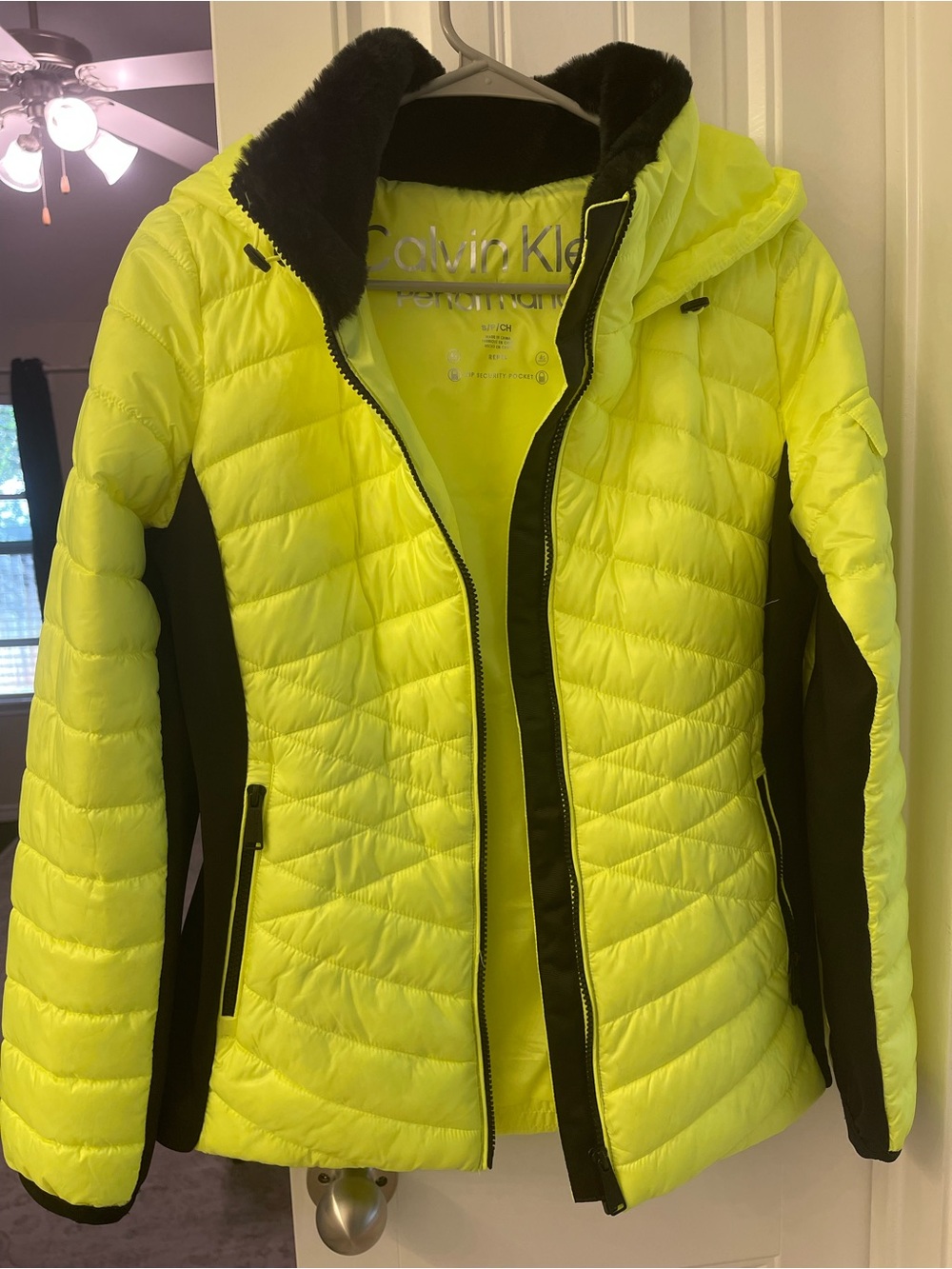 Calvin Klein Neon Yellow and Black Quilted Hooded Puffer